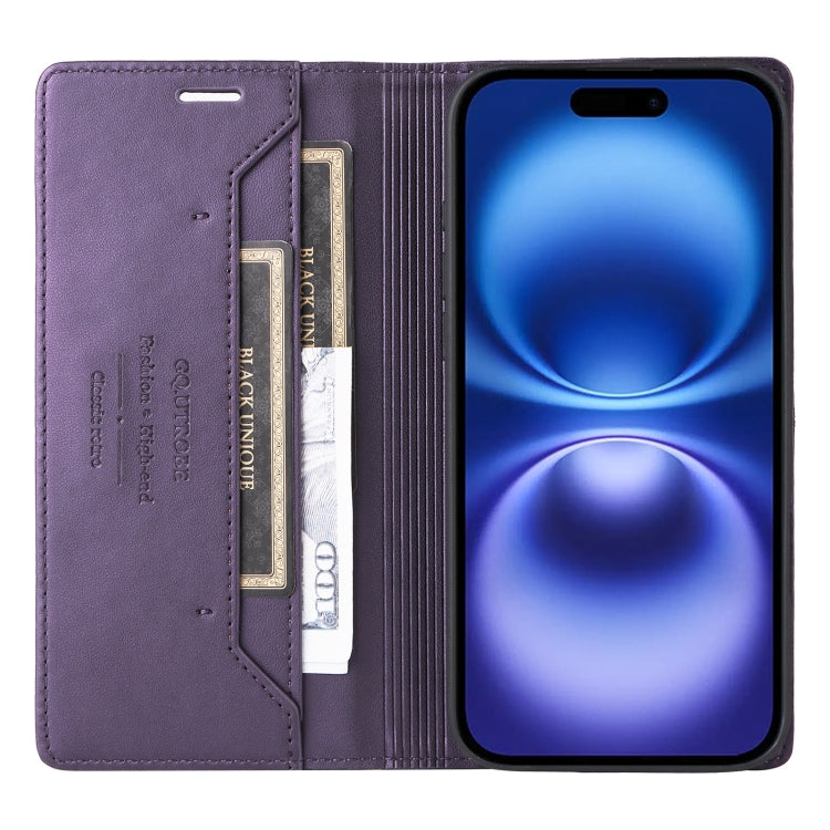 For iPhone 16 GQUTROBE G01 RFID Anti-theft Leather Phone Case(Purple) - iPhone 16 Cases by GQUTROBE | Online Shopping South Africa | PMC Jewellery | Buy Now Pay Later Mobicred