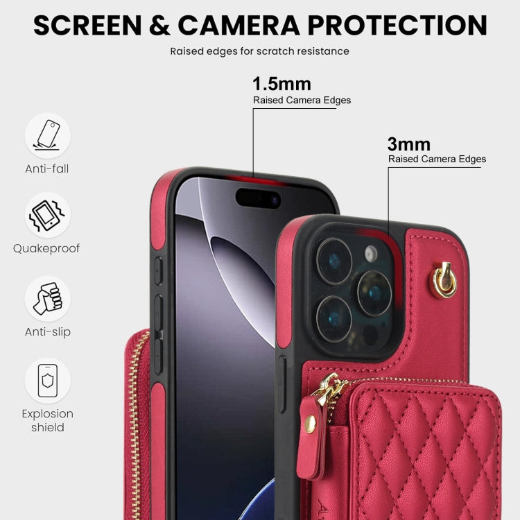 For iPhone 16 Pro Max AwQuer Crossbody Zipper Wallet Rhombic Leather Back Phone Case(Red) - iPhone 16 Pro Max Cases by Awquer | Online Shopping South Africa | PMC Jewellery | Buy Now Pay Later Mobicred