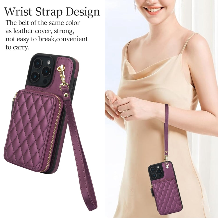 For iPhone 16 Pro Max AwQuer Crossbody Zipper Wallet Rhombic Leather Back Phone Case(Dark Purple) - free shipping - PMC Jewellery - Order now!