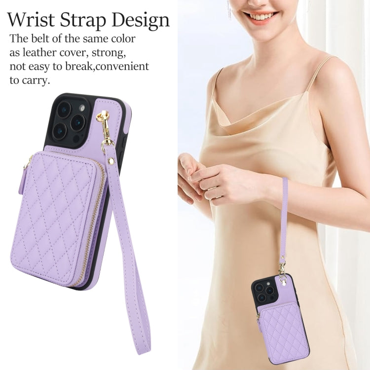 For iPhone 16 Pro Max AwQuer Crossbody Zipper Wallet Rhombic Leather Back Phone Case(Purple) - free shipping - PMC Jewellery - Order now!