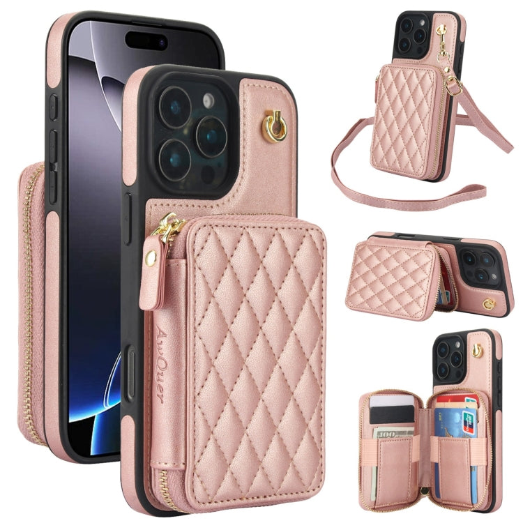 For iPhone 16 Pro AwQuer Crossbody Zipper Wallet Rhombic Leather Back Phone Case(Rose Gold) - iPhone 16 Pro Cases by Awquer | Online Shopping South Africa | PMC Jewellery | Buy Now Pay Later Mobicred