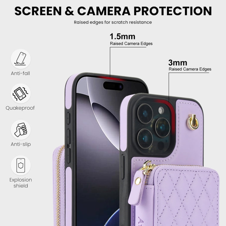 For iPhone 16 Pro AwQuer Crossbody Zipper Wallet Rhombic Leather Back Phone Case(Purple) - free shipping - PMC Jewellery - Order now!