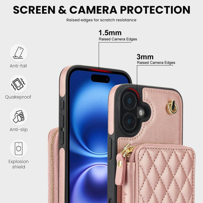 For iPhone 16 Plus AwQuer Crossbody Zipper Wallet Rhombic Leather Back Phone Case(Rose Gold) - iPhone 16 Plus Cases by Awquer | Online Shopping South Africa | PMC Jewellery | Buy Now Pay Later Mobicred