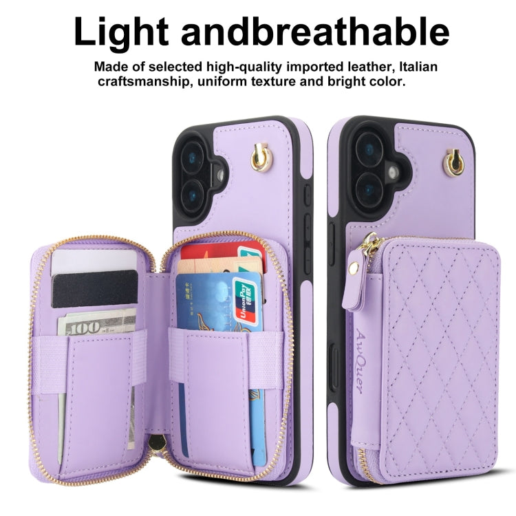 For iPhone 16 Plus AwQuer Crossbody Zipper Wallet Rhombic Leather Back Phone Case(Purple) - iPhone 16 Plus Cases by Awquer | Online Shopping South Africa | PMC Jewellery | Buy Now Pay Later Mobicred