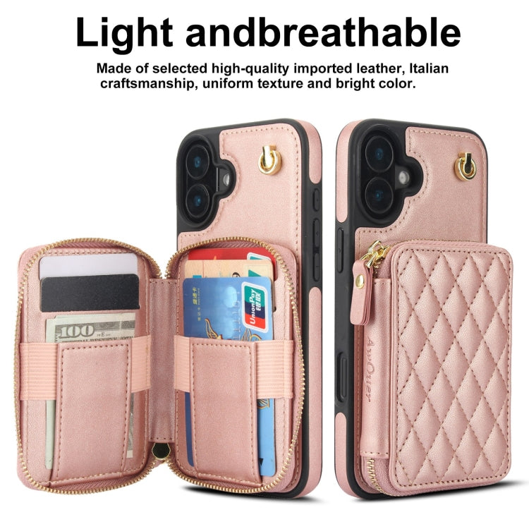 For iPhone 16 AwQuer Crossbody Zipper Wallet Rhombic Leather Back Phone Case(Rose Gold) - iPhone 16 Cases by Awquer | Online Shopping South Africa | PMC Jewellery | Buy Now Pay Later Mobicred