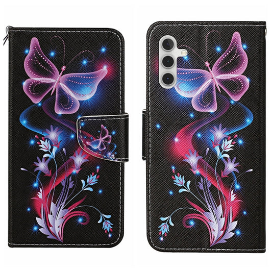 For Samsung Galaxy S25 5G Colored Drawing Pattern Leather Phone Case(Fluorescent Butterfly) - Galaxy S25 5G Cases by PMC Jewellery | Online Shopping South Africa | PMC Jewellery | Buy Now Pay Later Mobicred