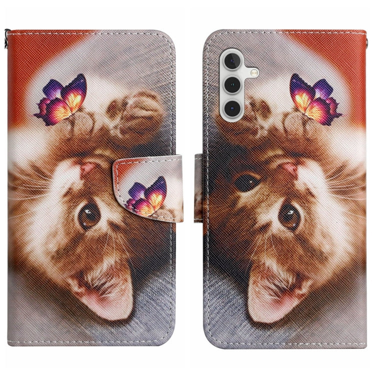 For Samsung Galaxy S25 5G Colored Drawing Pattern Leather Phone Case(Butterfly Cat) - Galaxy S25 5G Cases by PMC Jewellery | Online Shopping South Africa | PMC Jewellery | Buy Now Pay Later Mobicred