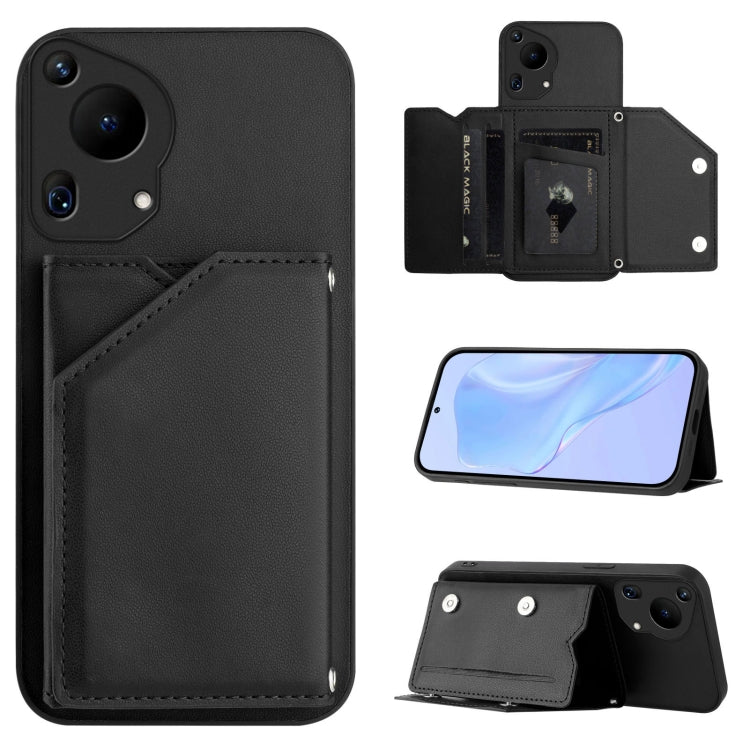 For Huawei Pura 70 Ultra Skin Feel Four Card Slots Phone Case with Wrist Strap(Black) - Huawei Cases by PMC Jewellery | Online Shopping South Africa | PMC Jewellery | Buy Now Pay Later Mobicred