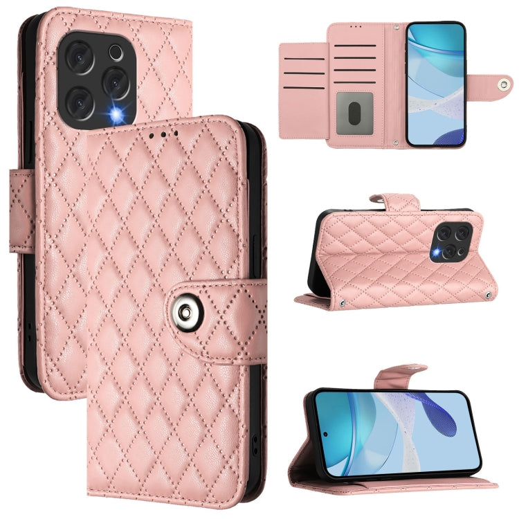 For Doogee N55 Plus Rhombic Texture Flip Leather Phone Case with Lanyard(Coral Pink) - Doogee Cases by PMC TechLife | Online Shopping South Africa | PMC TechLife | Buy Now Pay Later Mobicred