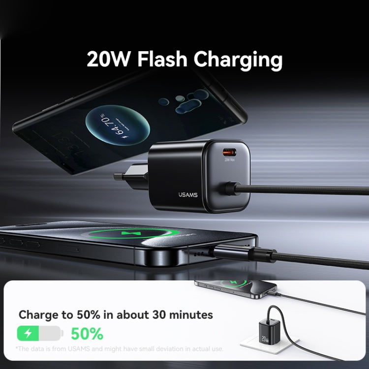 USAMS CC261 20W GaN Mini Type-C / USB-C Dual Port Fast Charger with Cable, EU Plug(Black) - USB Charger by USAMS | Online Shopping South Africa | PMC TechLife | Buy Now Pay Later Mobicred
