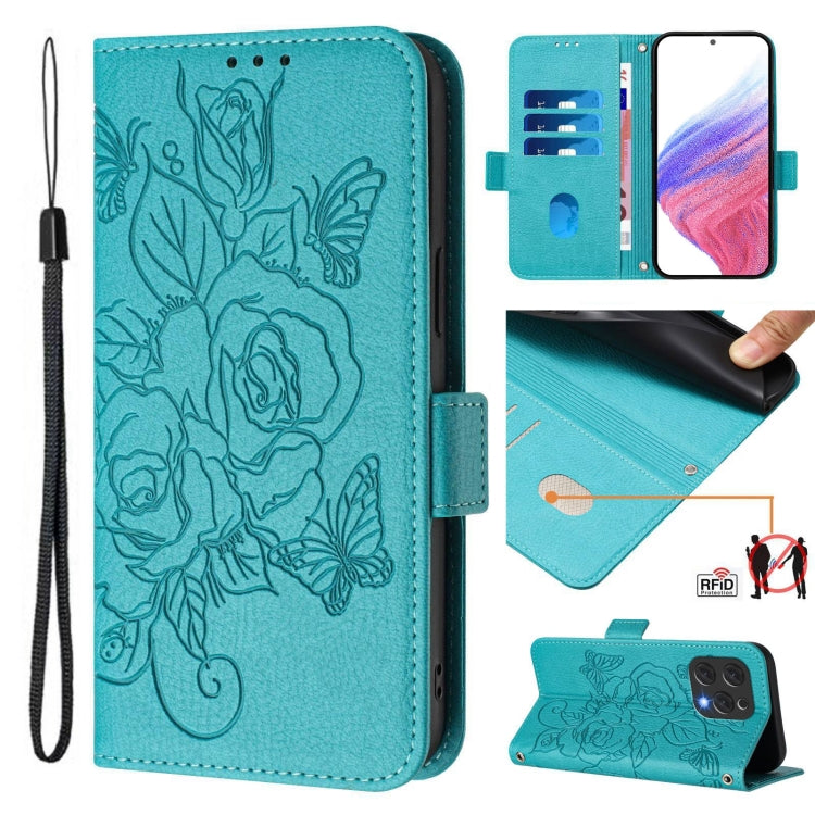 For Doogee N55 Plus Embossed Rose RFID Anti-theft Leather Phone Case(Light Blue) - More Brand by PMC TechLife | Online Shopping South Africa | PMC TechLife | Buy Now Pay Later Mobicred