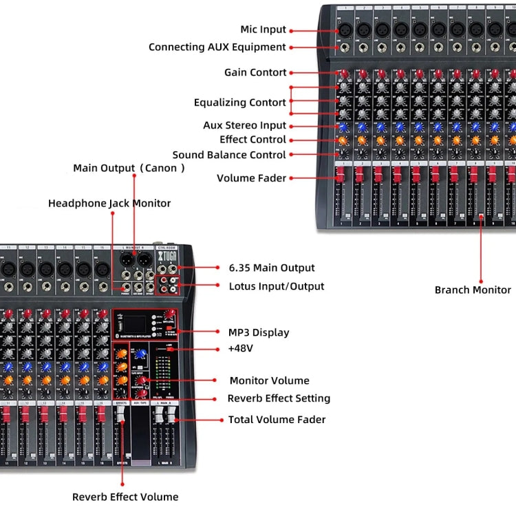 XTUGA CT160X 16-Channels Audio Mixer DJ Mixing Console with 48V Power Supply(US Plug) - Live Sound Effects Processors by XTUGA | Online Shopping South Africa | PMC TechLife | Buy Now Pay Later Mobicred