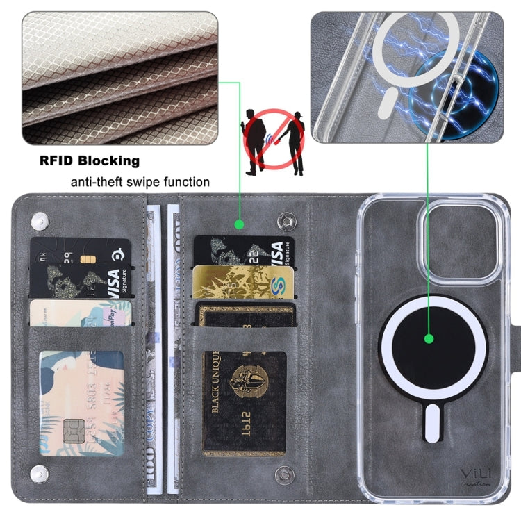 For iPhone 16 Plus ViLi GVS-C Series MagSafe Magnetic RFID Leather Flip Phone Case(Grey) - free shipping - PMC Jewellery - Order now!