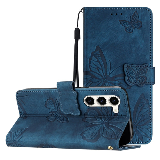 For Samsung Galaxy S25 5G Skin-feel Embossed Butterfly Leather Phone Case(Blue) - Galaxy S25 5G Cases by PMC Jewellery | Online Shopping South Africa | PMC Jewellery | Buy Now Pay Later Mobicred