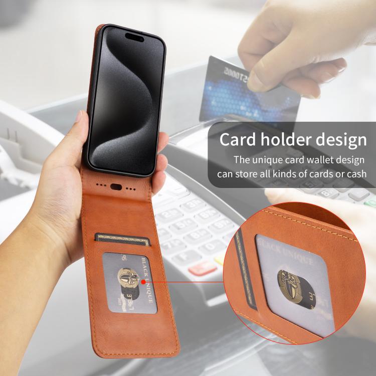For iPhone 16e Magnetic Vertical Flip Leather Phone Case(Brown) - iPhone 16e Cases by PMC TechLife | Online Shopping South Africa | PMC TechLife | Buy Now Pay Later Mobicred