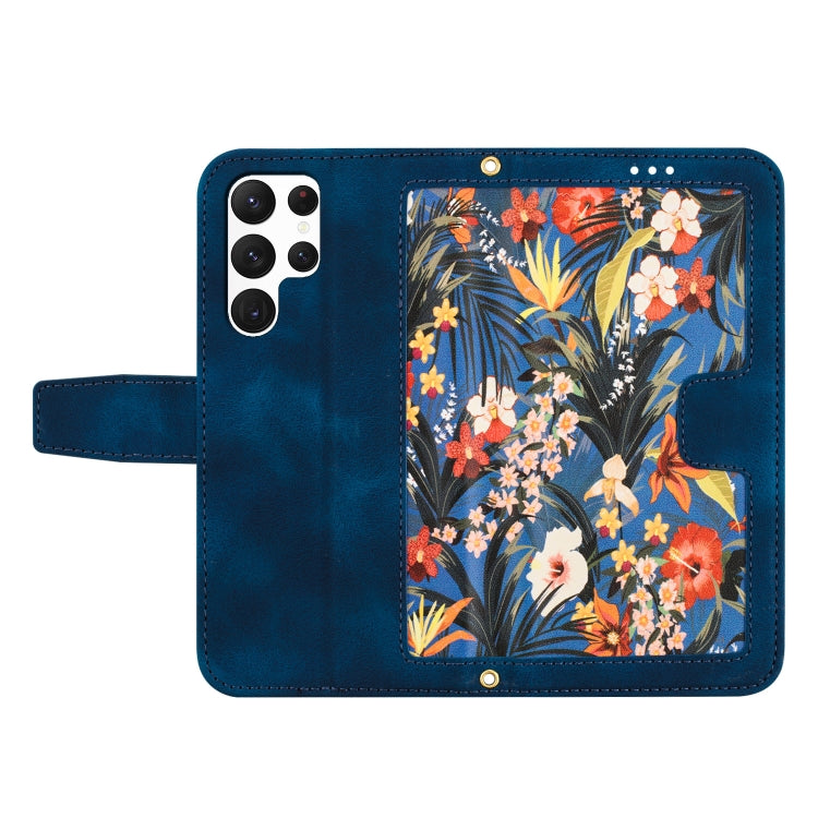 For Samsung Galaxy S25 Ultra 5G Floral Pattern Leather Phone Case with Lanyard(Dark Blue) - Galaxy S25 Ultra 5G Cases by PMC Jewellery | Online Shopping South Africa | PMC Jewellery | Buy Now Pay Later Mobicred