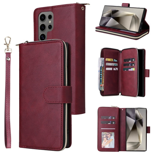 For Samsung Galaxy S25 Ultra 5G 9-Card Slots Zipper Wallet Bag Leather Phone Case(Wine Red) - Galaxy S25 Ultra 5G Cases by PMC Jewellery | Online Shopping South Africa | PMC Jewellery | Buy Now Pay Later Mobicred