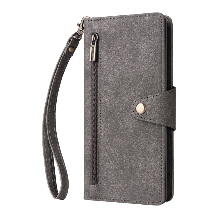 For Samsung Galaxy S25 5G Rivet Buckle 9 Cards Three Fold Leather Phone Case(Grey) - Galaxy S25 5G Cases by PMC Jewellery | Online Shopping South Africa | PMC Jewellery | Buy Now Pay Later Mobicred
