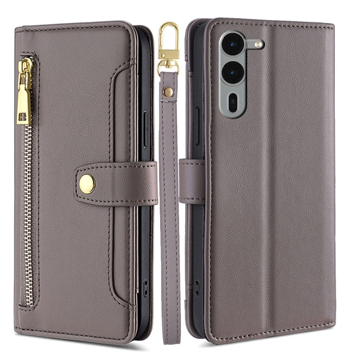 For Fujitsu Arrows We2 Plus Sheep Texture Cross-body Zipper Wallet Leather Phone Case(Grey) - More Brand by PMC TechLife | Online Shopping South Africa | PMC TechLife | Buy Now Pay Later Mobicred