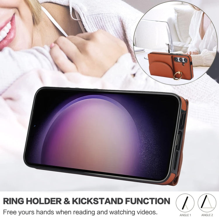 For Samsung Galaxy S25 5G Ring Holder Card Bag Skin Feel Phone Case(Brown) - Galaxy S25 5G Cases by PMC Jewellery | Online Shopping South Africa | PMC Jewellery | Buy Now Pay Later Mobicred