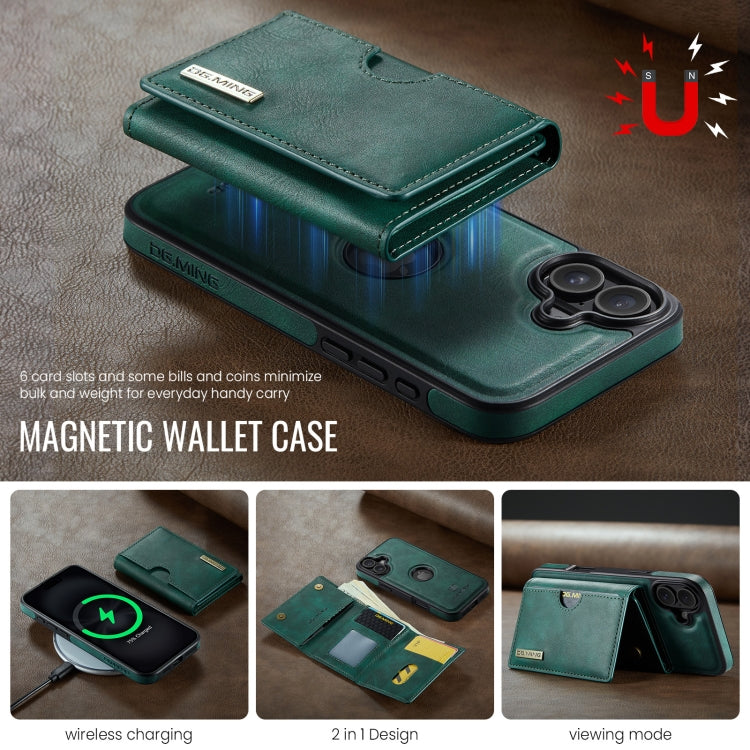 For iPhone 16 DG.MING M6 Series RFID Tri-fold Card Bag Removable Leather Phone Case(Green) - iPhone 16 Cases by DG.MING | Online Shopping South Africa | PMC Jewellery | Buy Now Pay Later Mobicred