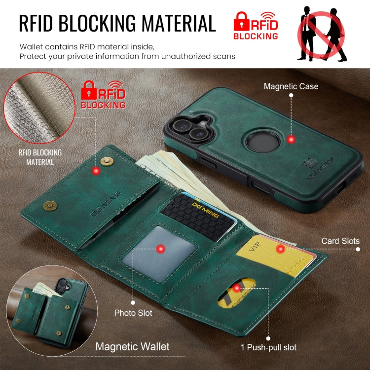 For iPhone 16 DG.MING M6 Series RFID Tri-fold Card Bag Removable Leather Phone Case(Green) - iPhone 16 Cases by DG.MING | Online Shopping South Africa | PMC Jewellery | Buy Now Pay Later Mobicred