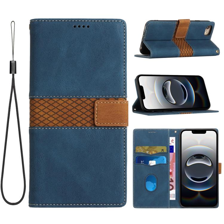 For iPhone 16e Grid Stitching Leather Phone Case with Lanyard(Blue) - iPhone 16e Cases by PMC TechLife | Online Shopping South Africa | PMC TechLife | Buy Now Pay Later Mobicred