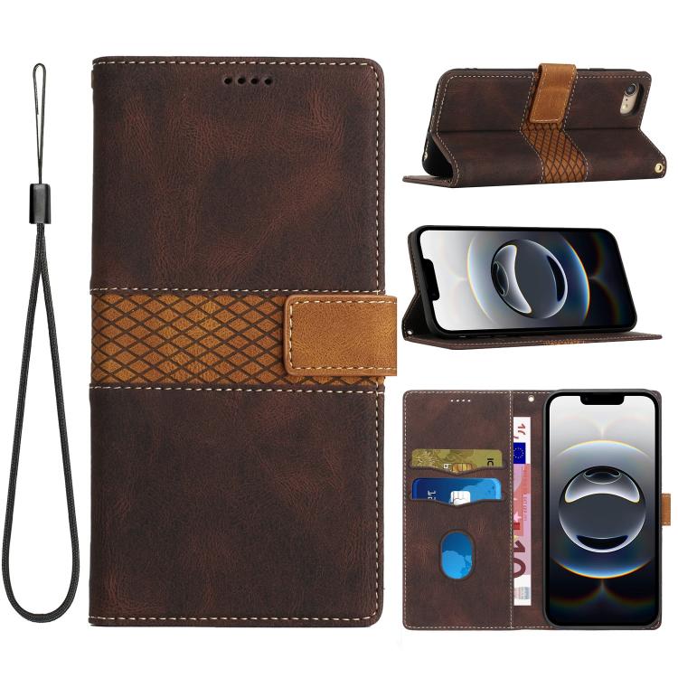 For iPhone 16e Grid Stitching Leather Phone Case with Lanyard(Brown) - iPhone 16e Cases by PMC TechLife | Online Shopping South Africa | PMC TechLife | Buy Now Pay Later Mobicred