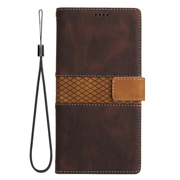 For iPhone 16e Grid Stitching Leather Phone Case with Lanyard(Brown) - iPhone 16e Cases by PMC TechLife | Online Shopping South Africa | PMC TechLife | Buy Now Pay Later Mobicred