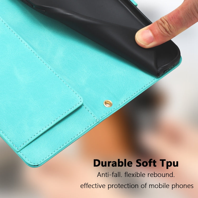 For iPhone 16e Tulips Embossed Leather Phone Case with Lanyard(Green) - iPhone 16e Cases by PMC TechLife | Online Shopping South Africa | PMC TechLife | Buy Now Pay Later Mobicred