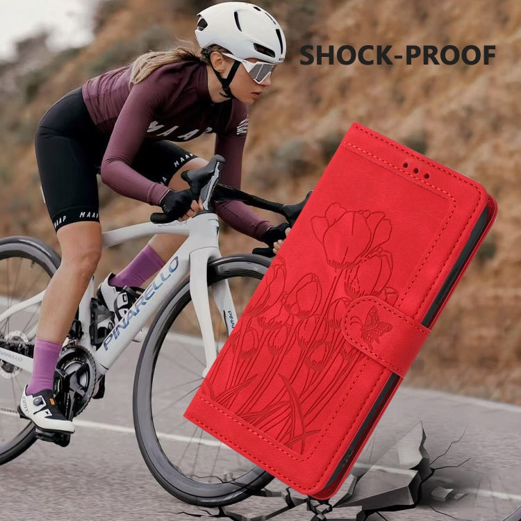 For iPhone 16e Tulips Embossed Leather Phone Case with Lanyard(Red) - iPhone 16e Cases by PMC TechLife | Online Shopping South Africa | PMC TechLife | Buy Now Pay Later Mobicred