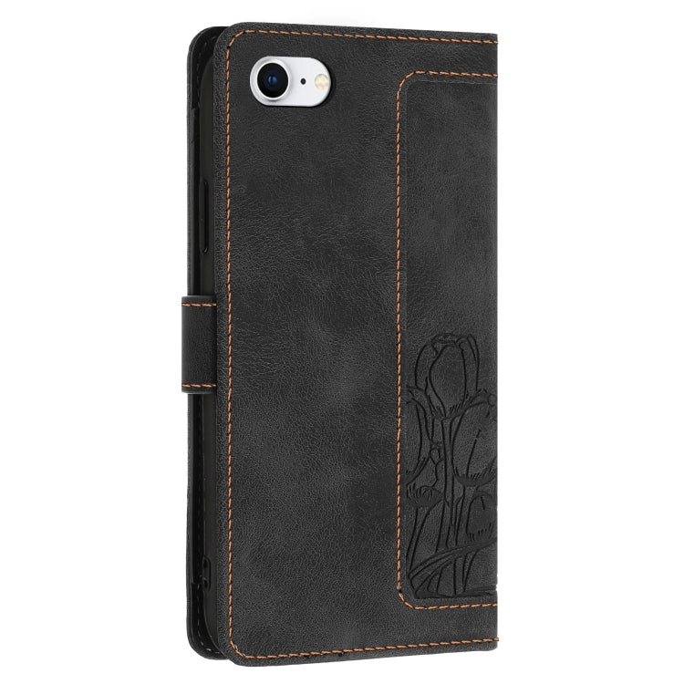 For iPhone 16e Tulips Embossed Leather Phone Case with Lanyard(Black) - iPhone 16e Cases by PMC TechLife | Online Shopping South Africa | PMC TechLife | Buy Now Pay Later Mobicred