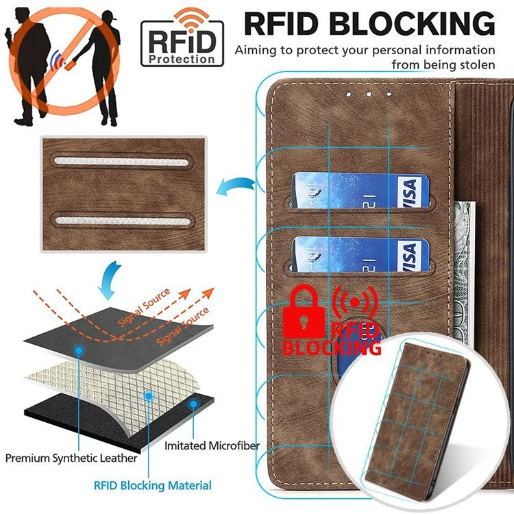 For Samsung Galaxy S25 5G RFID Anti-theft Brush Magnetic Leather Phone Case(Brown) - Galaxy S25 5G Cases by PMC TechLife | Online Shopping South Africa | PMC TechLife | Buy Now Pay Later Mobicred