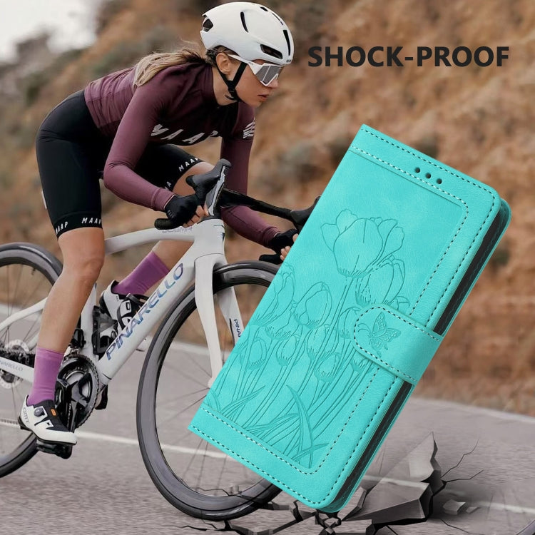 For Samsung Galaxy S25+ 5G Tulips Embossed Leather Phone Case with Lanyard(Green) - Galaxy S25+ 5G Cases by PMC Jewellery | Online Shopping South Africa | PMC Jewellery | Buy Now Pay Later Mobicred