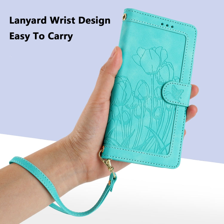 For Samsung Galaxy S25+ 5G Tulips Embossed Leather Phone Case with Lanyard(Green) - Galaxy S25+ 5G Cases by PMC Jewellery | Online Shopping South Africa | PMC Jewellery | Buy Now Pay Later Mobicred
