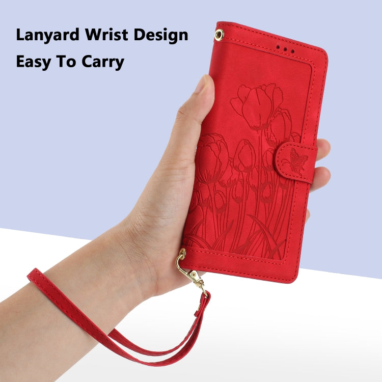 For Samsung Galaxy S25+ 5G Tulips Embossed Leather Phone Case with Lanyard(Red) - Galaxy S25+ 5G Cases by PMC Jewellery | Online Shopping South Africa | PMC Jewellery | Buy Now Pay Later Mobicred