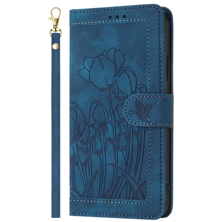 For Samsung Galaxy S25+ 5G Tulips Embossed Leather Phone Case with Lanyard(Blue) - Galaxy S25+ 5G Cases by PMC Jewellery | Online Shopping South Africa | PMC Jewellery | Buy Now Pay Later Mobicred