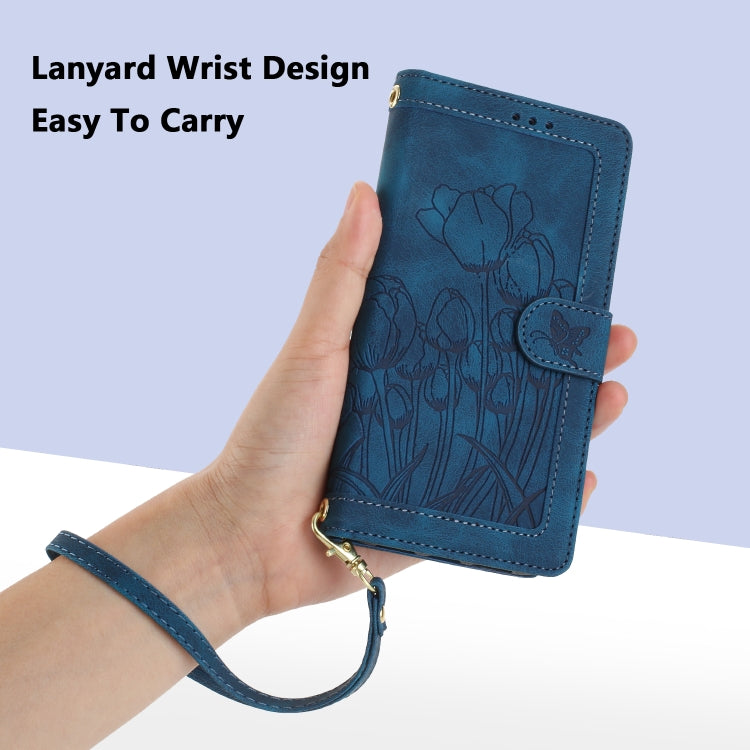 For Samsung Galaxy S25+ 5G Tulips Embossed Leather Phone Case with Lanyard(Blue) - Galaxy S25+ 5G Cases by PMC Jewellery | Online Shopping South Africa | PMC Jewellery | Buy Now Pay Later Mobicred