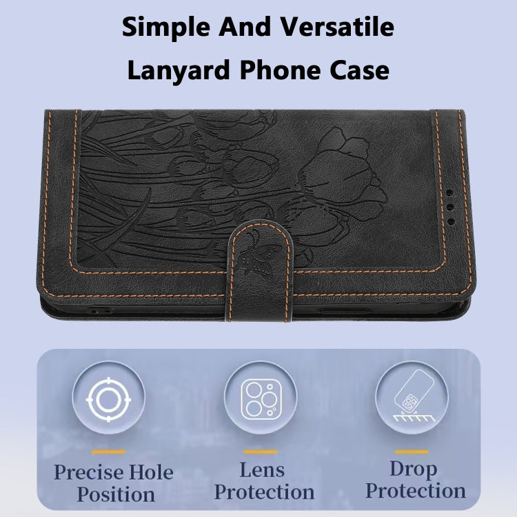 For Samsung Galaxy S25+ 5G Tulips Embossed Leather Phone Case with Lanyard(Black) - Galaxy S25+ 5G Cases by PMC Jewellery | Online Shopping South Africa | PMC Jewellery | Buy Now Pay Later Mobicred