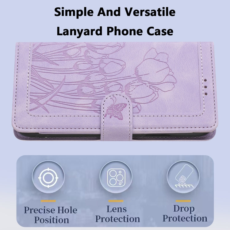 For Samsung Galaxy S25 5G Tulips Embossed Leather Phone Case with Lanyard(Purple) - Galaxy S25 5G Cases by PMC Jewellery | Online Shopping South Africa | PMC Jewellery | Buy Now Pay Later Mobicred