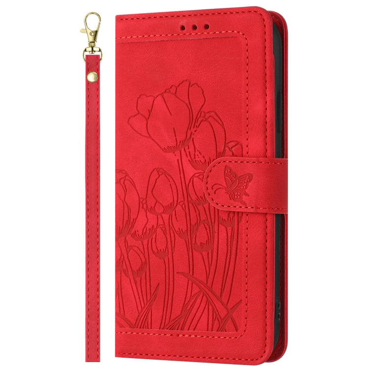 For Samsung Galaxy S25 5G Tulips Embossed Leather Phone Case with Lanyard(Red) - Galaxy S25 5G Cases by PMC Jewellery | Online Shopping South Africa | PMC Jewellery | Buy Now Pay Later Mobicred