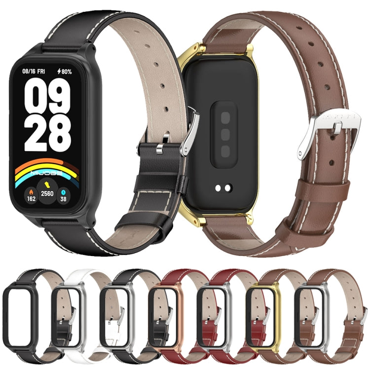 For Xiaomi Smart Band 9 Active / Redmi Band 3 Mijobs Metal Shell Genuine Leather Watch Band(White Silver) - Watch Bands by MIJOBS | Online Shopping South Africa | PMc TechLife | Buy Now Pay Later Mobicred