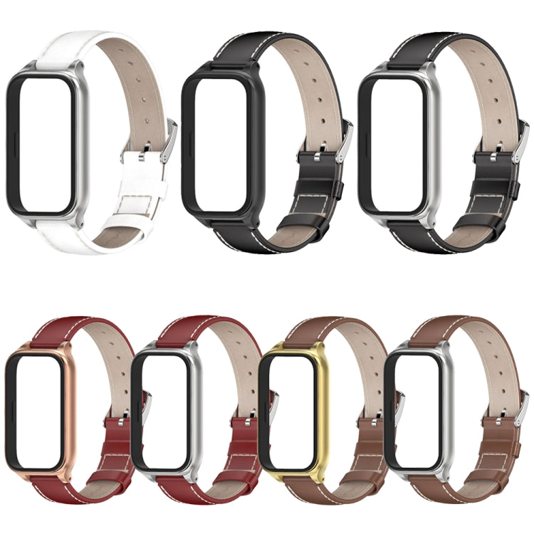 For Xiaomi Smart Band 9 Active / Redmi Band 3 Mijobs Metal Shell Genuine Leather Watch Band(White Silver) - Watch Bands by MIJOBS | Online Shopping South Africa | PMc TechLife | Buy Now Pay Later Mobicred