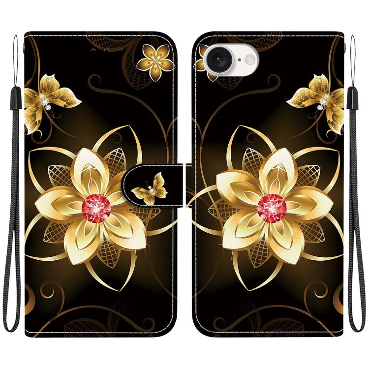 For iPhone 16e Crystal Texture Colored Drawing Leather Phone Case(Gold Flower) - iPhone 16e Cases by PMC TechLife | Online Shopping South Africa | PMC TechLife | Buy Now Pay Later Mobicred
