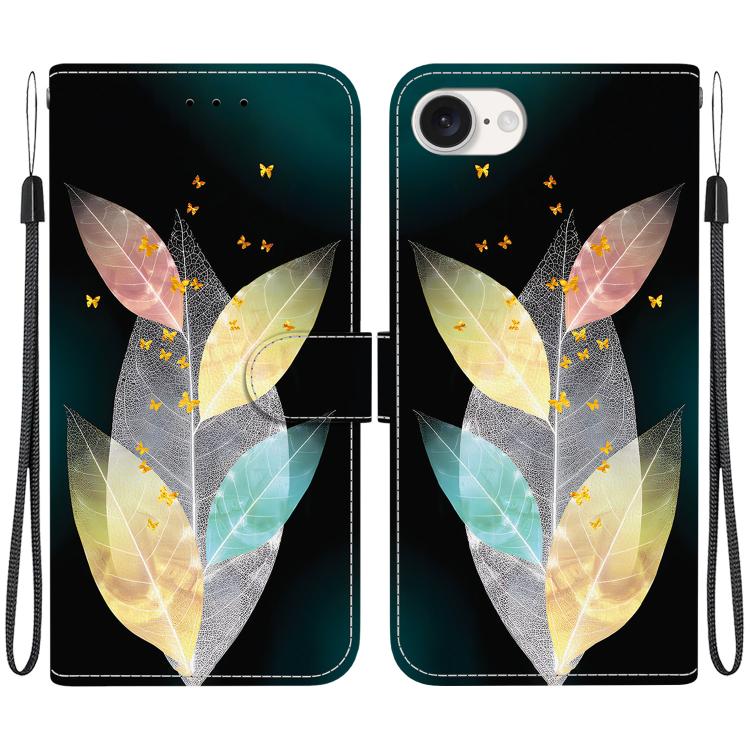 For iPhone 16e Crystal Texture Colored Drawing Leather Phone Case(Colored Leaves) - iPhone 16e Cases by PMC TechLife | Online Shopping South Africa | PMC TechLife | Buy Now Pay Later Mobicred
