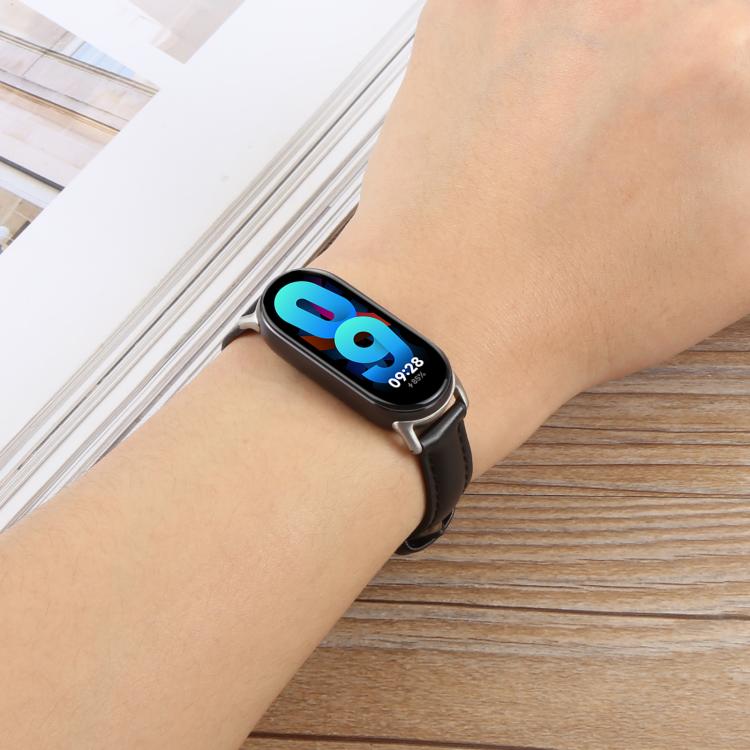 For Xiaomi Smart Band 9 / 8 Silver Metal Connector Genuine Leather Watch Band(Black) - free shipping - PMc TechLife - Order now!