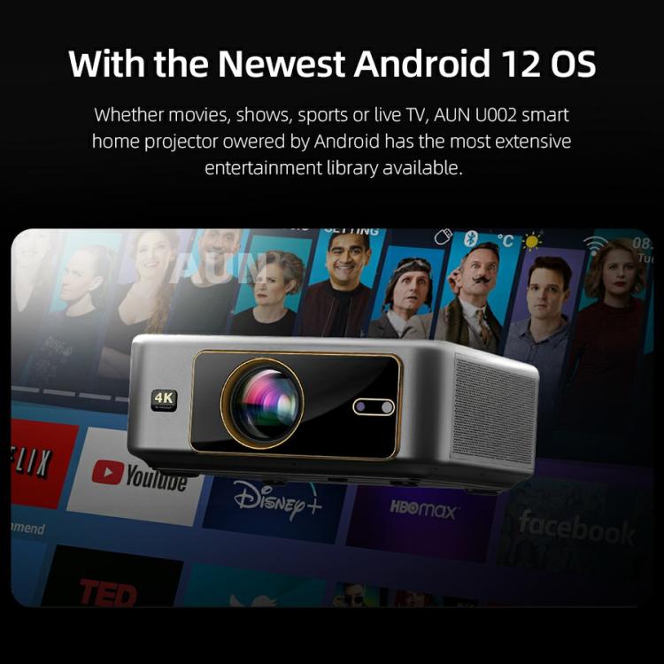 AUN U002 1920x1080P 970ANSI Android 12 Home Theater Smart Projector, UK Plug(Dark Grey) - LED Projector by AUN | Online Shopping South Africa | PMc TechLife | Buy Now Pay Later Mobicred
