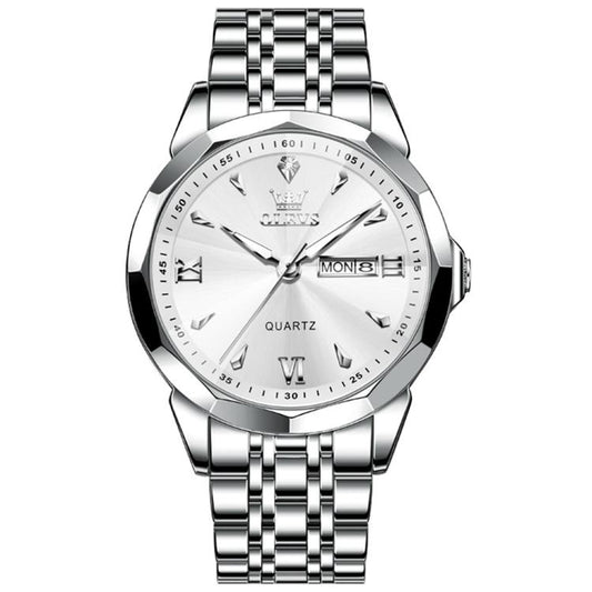 OLEVS 9998 Men Diamond Face Dual Calendar Waterproof Quartz Watch(White + Silver) - Metal Strap Watches by OLEVS | Online Shopping South Africa | PMC Jewellery | Buy Now Pay Later Mobicred