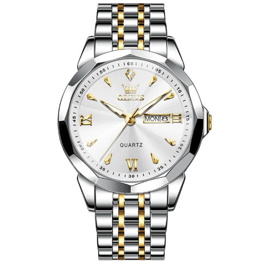 OLEVS 9998 Men Diamond Face Dual Calendar Waterproof Quartz Watch(White + Gold) - Metal Strap Watches by OLEVS | Online Shopping South Africa | PMC Jewellery | Buy Now Pay Later Mobicred