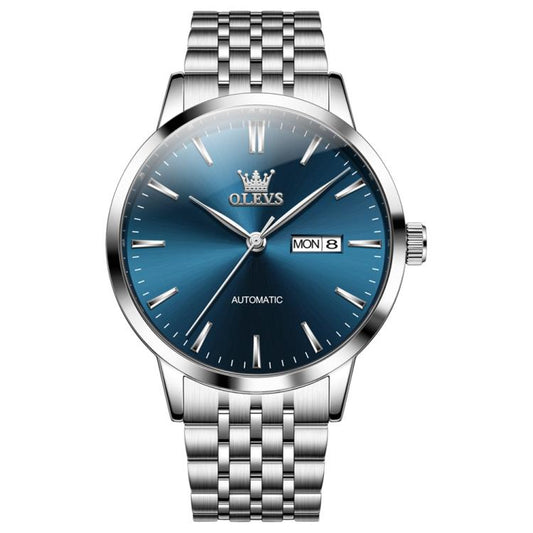 OLEVS 7048 Men Diamond Dual Calendar Mechanical Watch(Blue) - Metal Strap Watches by OLEVS | Online Shopping South Africa | PMC Jewellery | Buy Now Pay Later Mobicred